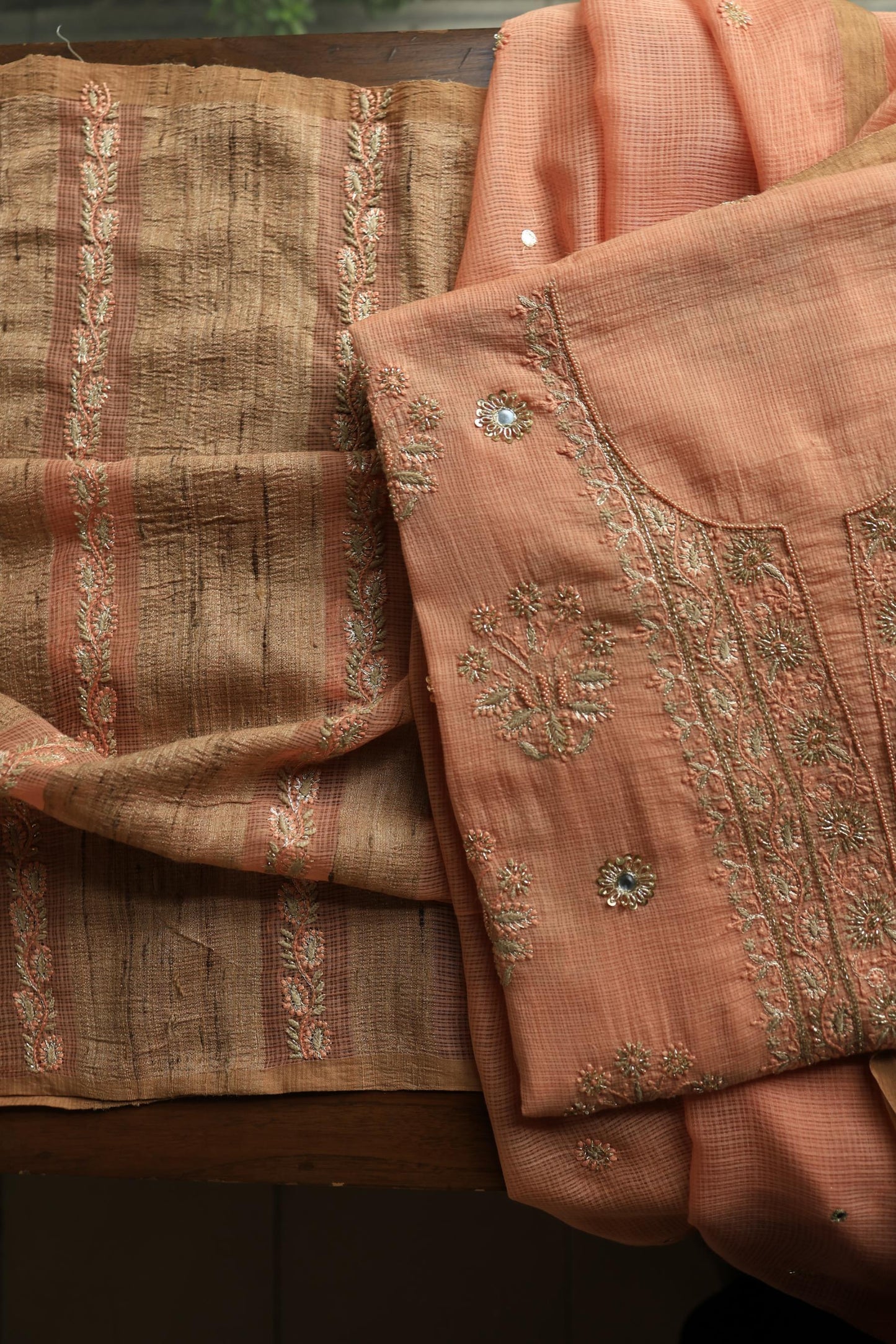 Orange Salmon Handloom Kota Chikankari With Mirror Work Unstitched Kurta Dupatta Set