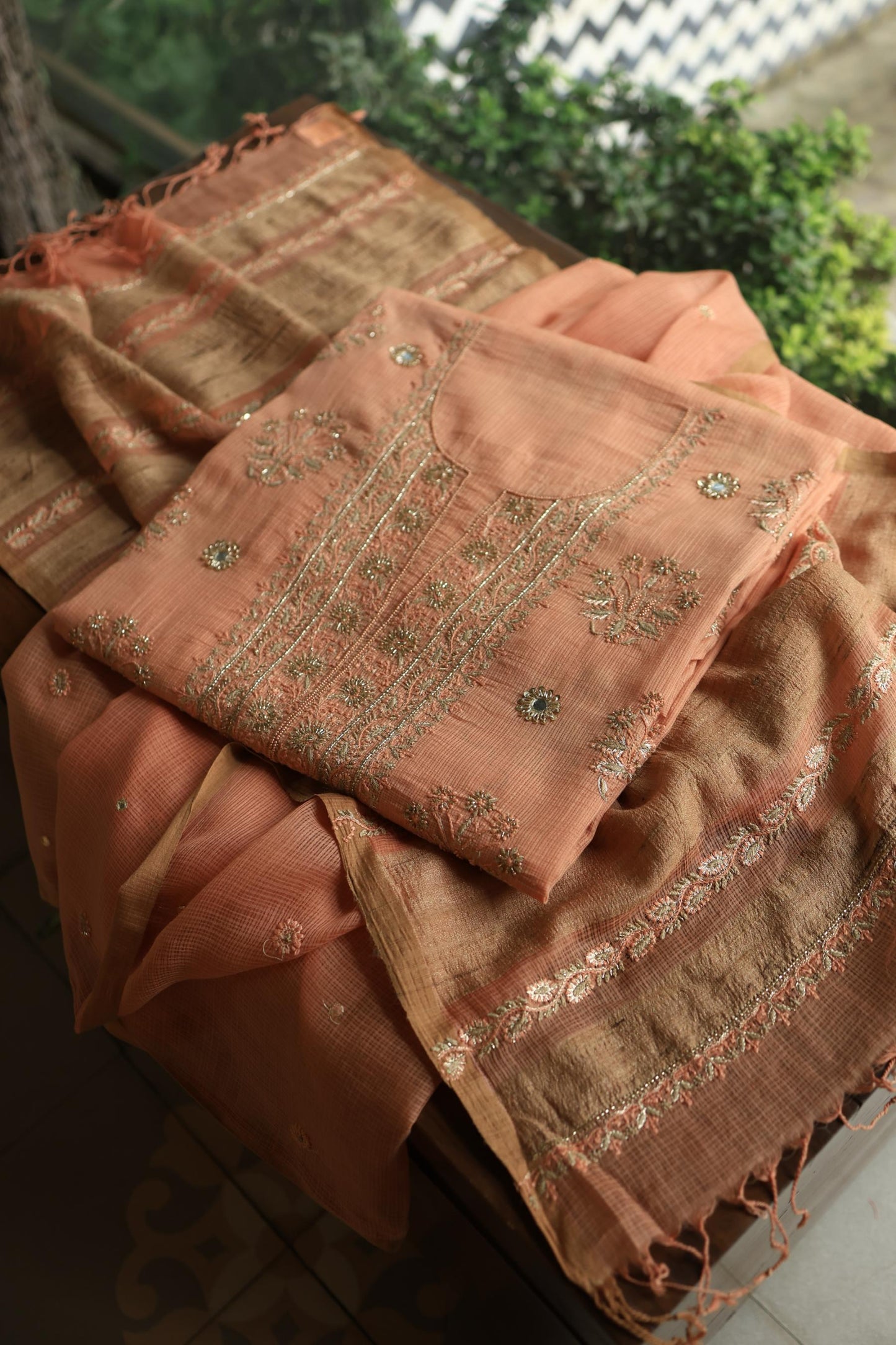 Orange Salmon Handloom Kota Chikankari With Mirror Work Unstitched Kurta Dupatta Set