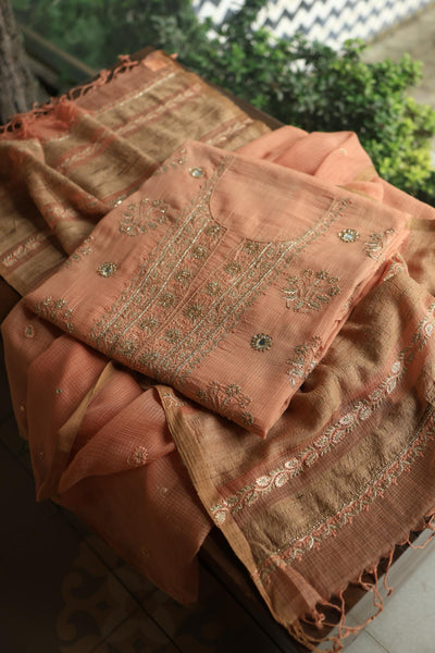 Orange Salmon Handloom Kota Chikankari With Mirror Work Unstitched Kurta Dupatta Set