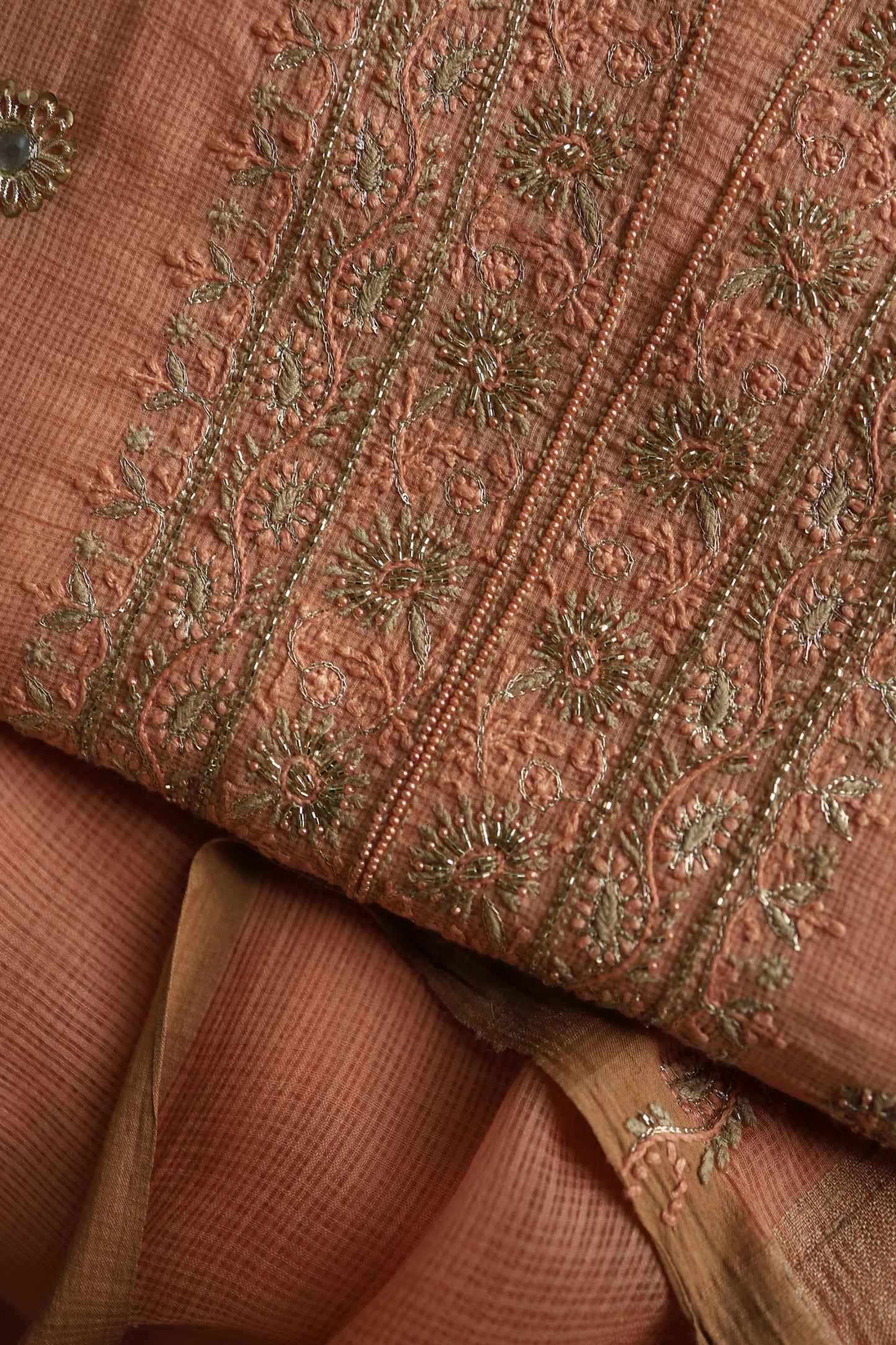 Orange Salmon Handloom Kota Chikankari With Mirror Work Unstitched Kurta Dupatta Set