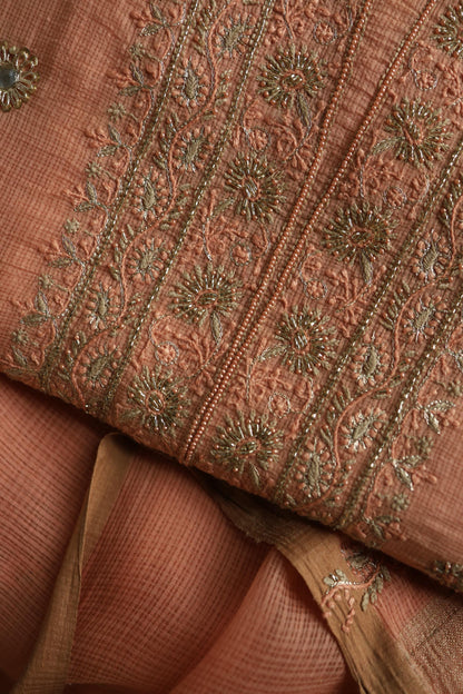 Orange Salmon Handloom Kota Chikankari With Mirror Work Unstitched Kurta Dupatta Set