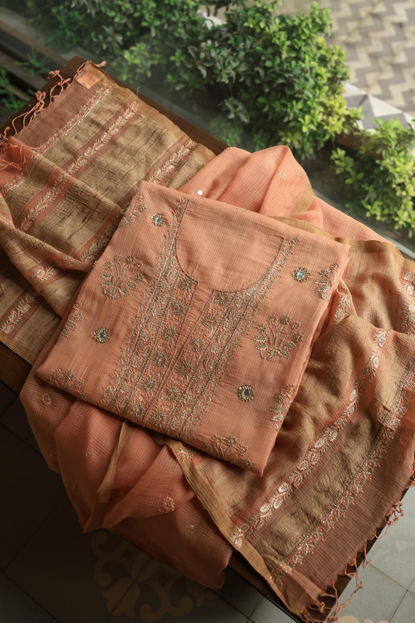 Orange Salmon Handloom Kota Chikankari With Mirror Work Unstitched Kurta Dupatta Set