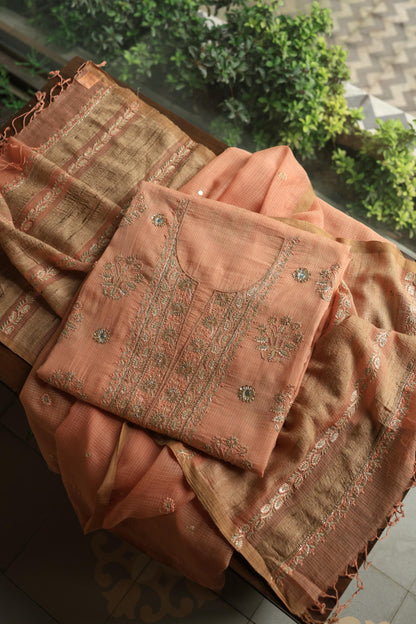 Orange Salmon Handloom Kota Chikankari With Mirror Work Unstitched Kurta Dupatta Set