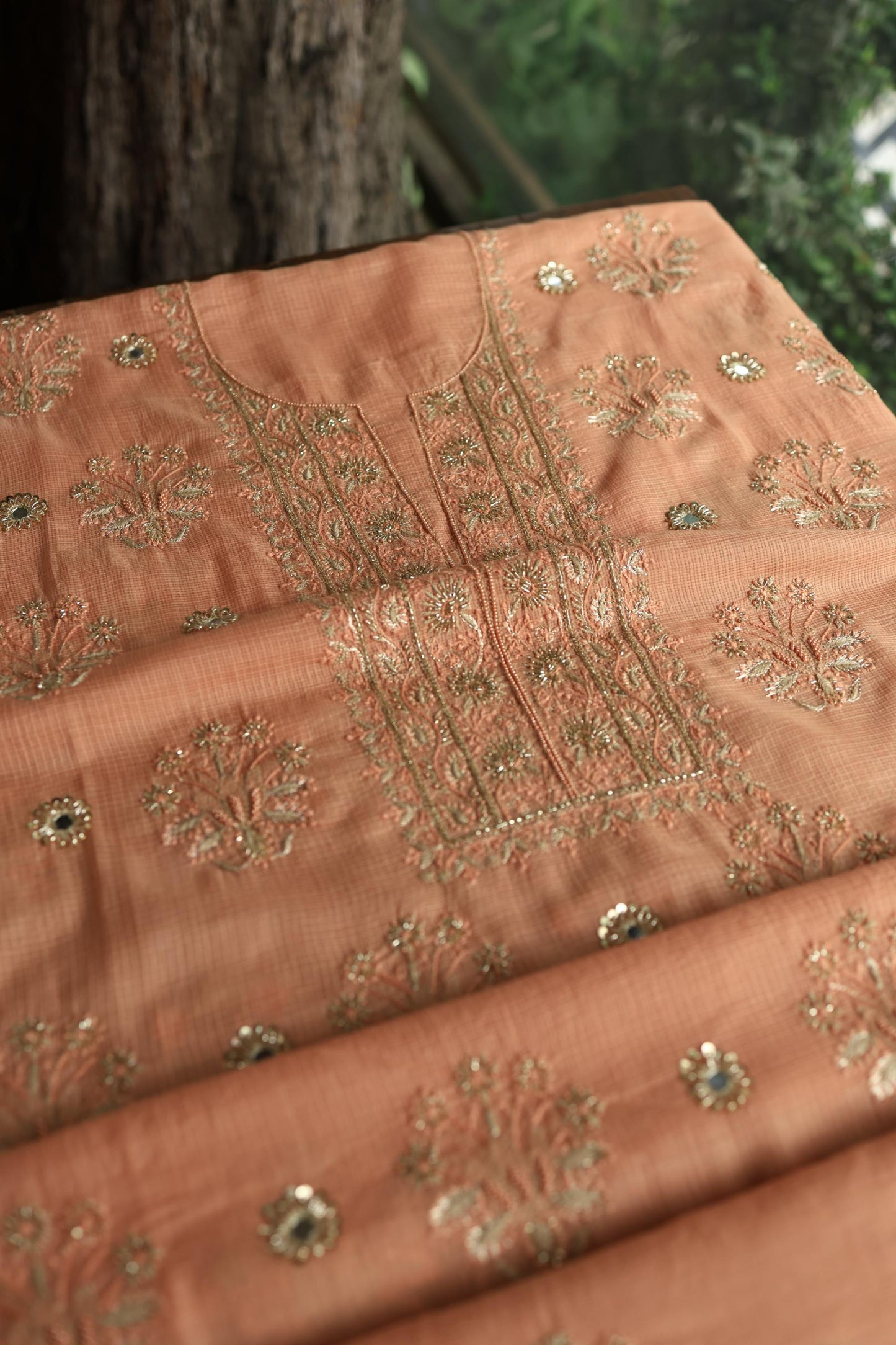 Orange Salmon Handloom Kota Chikankari With Mirror Work Unstitched Kurta Dupatta Set