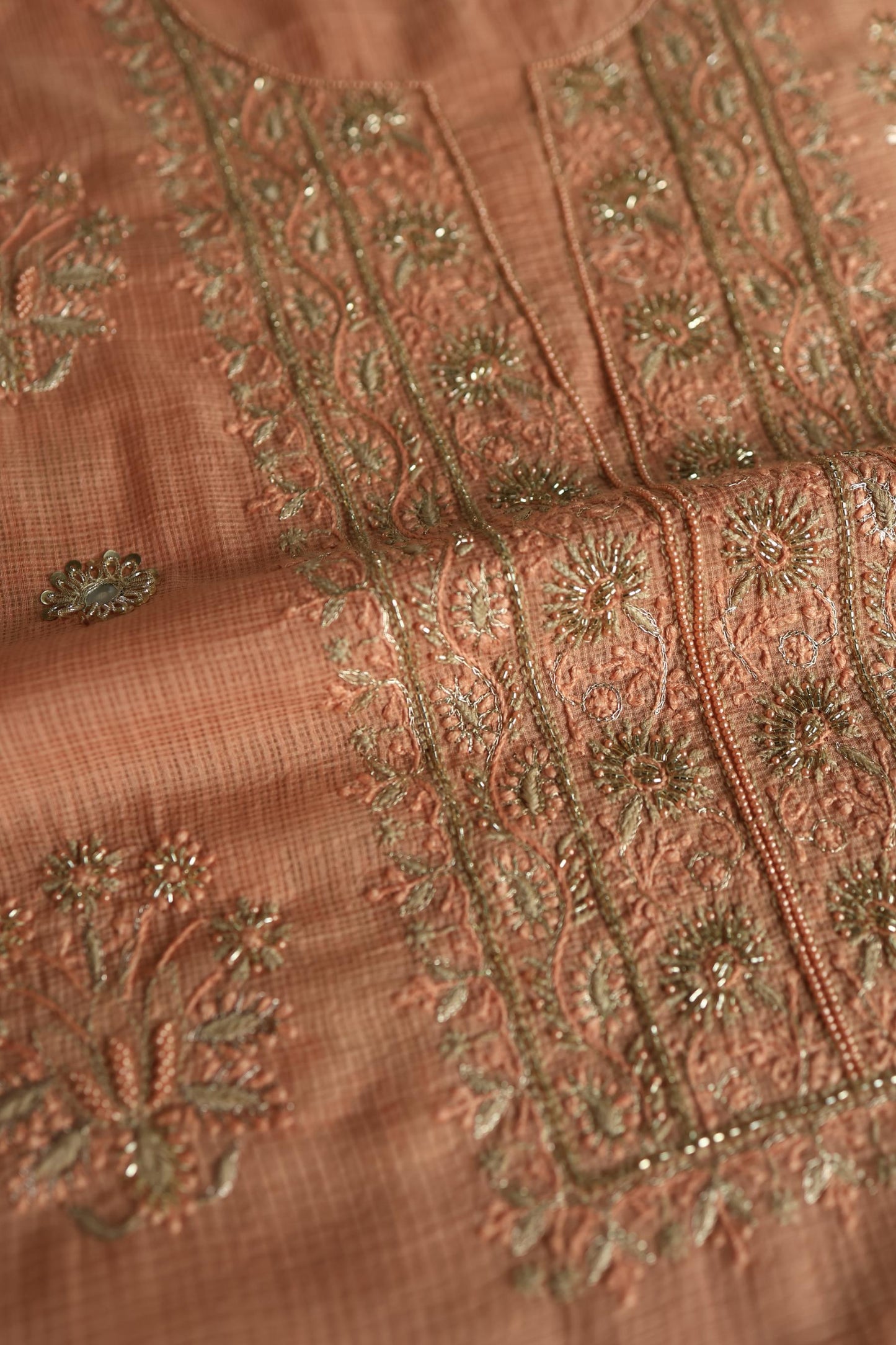 Orange Salmon Handloom Kota Chikankari With Mirror Work Unstitched Kurta Dupatta Set