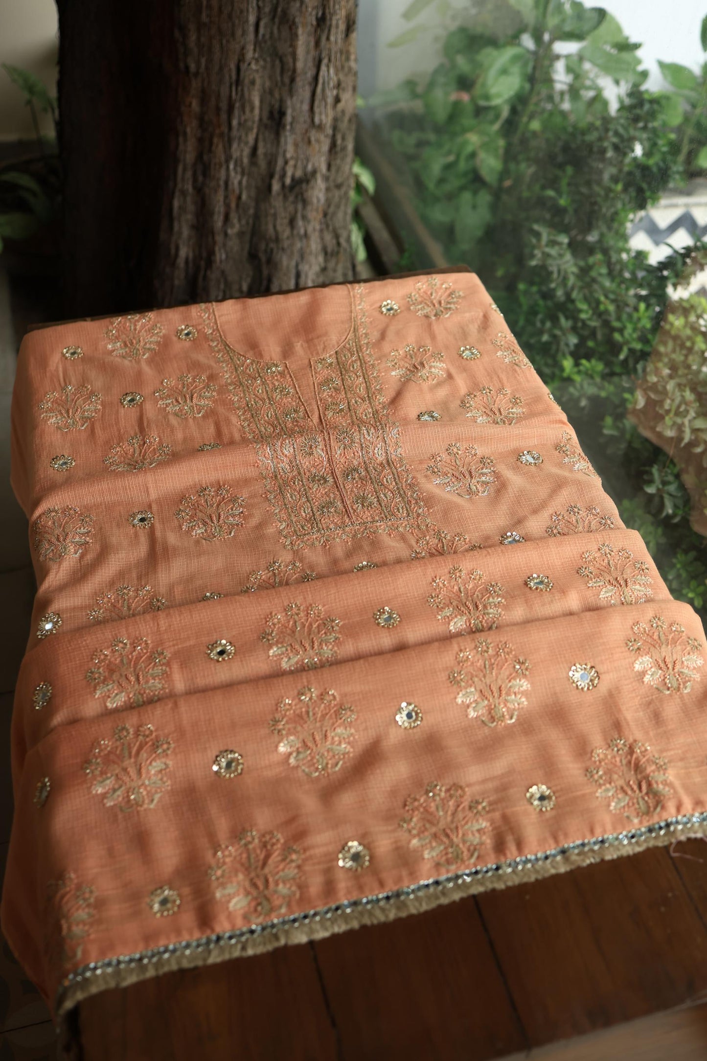 Orange Salmon Handloom Kota Chikankari With Mirror Work Unstitched Kurta Dupatta Set