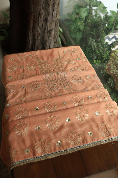Orange Salmon Handloom Kota Chikankari With Mirror Work Unstitched Kurta Dupatta Set