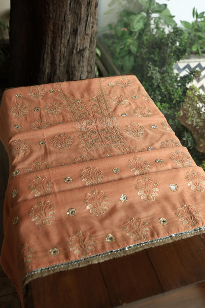Orange Salmon Handloom Kota Chikankari With Mirror Work Unstitched Kurta Dupatta Set