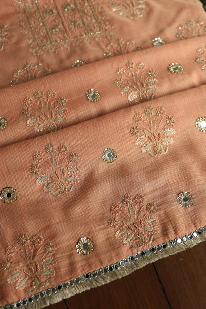 Orange Salmon Handloom Kota Chikankari With Mirror Work Unstitched Kurta Dupatta Set