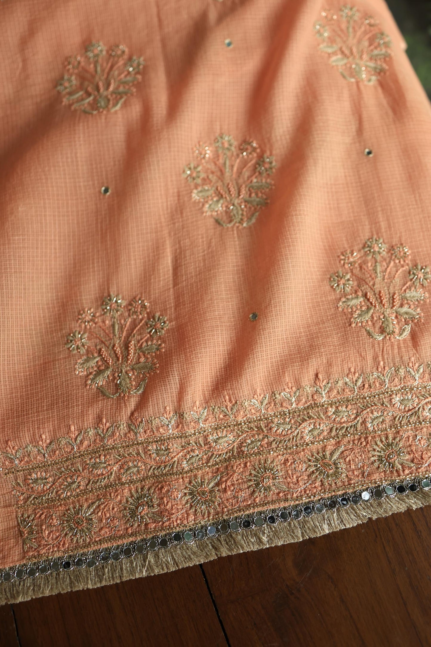 Orange Salmon Handloom Kota Chikankari With Mirror Work Unstitched Kurta Dupatta Set