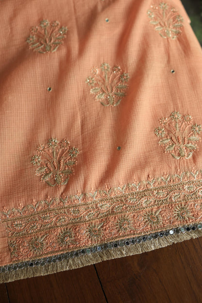 Orange Salmon Handloom Kota Chikankari With Mirror Work Unstitched Kurta Dupatta Set