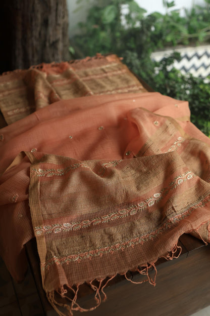 Orange Salmon Handloom Kota Chikankari With Mirror Work Unstitched Kurta Dupatta Set