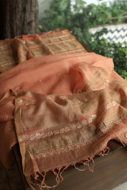 Orange Salmon Handloom Kota Chikankari With Mirror Work Unstitched Kurta Dupatta Set