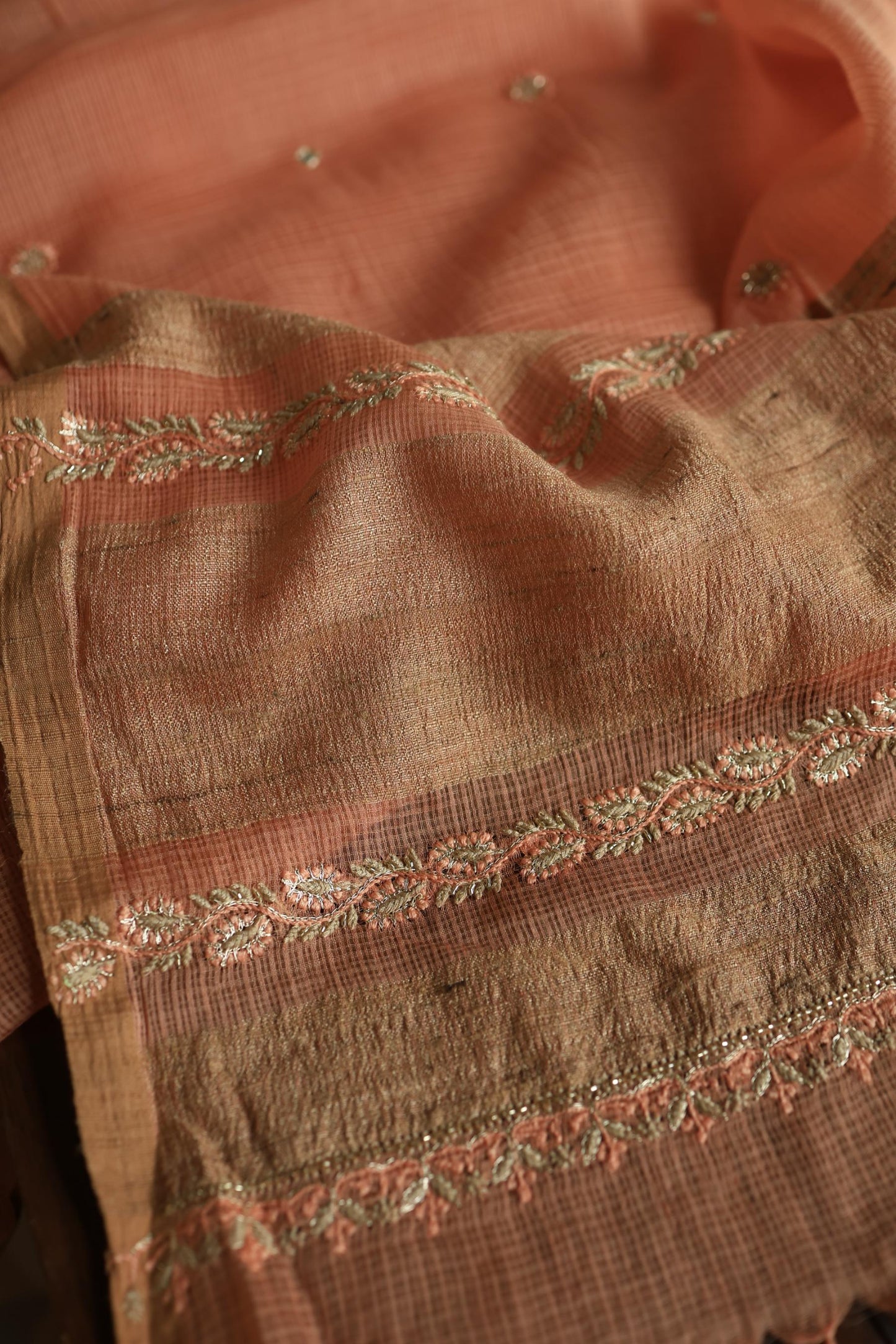 Orange Salmon Handloom Kota Chikankari With Mirror Work Unstitched Kurta Dupatta Set