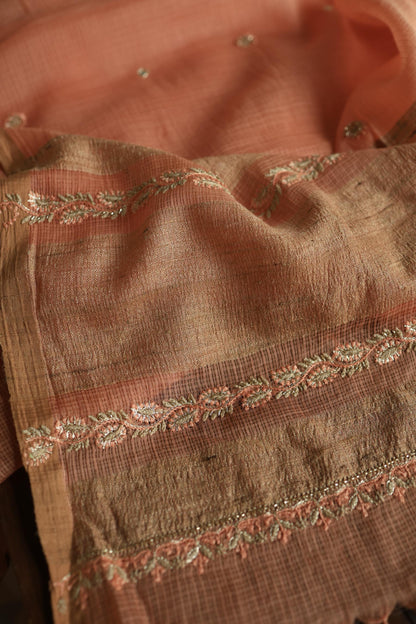 Orange Salmon Handloom Kota Chikankari With Mirror Work Unstitched Kurta Dupatta Set