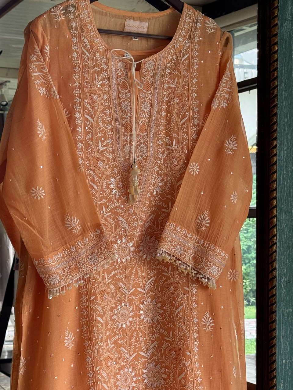 Orange Salmon Malmal Pearl White Chikankari Ready to Wear Kurta Set