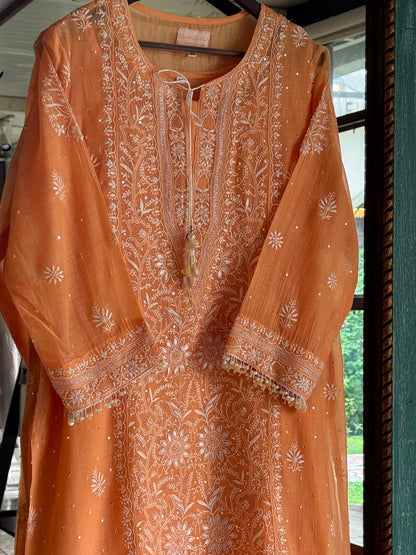Orange Salmon Malmal Pearl White Chikankari Ready to Wear Kurta Set