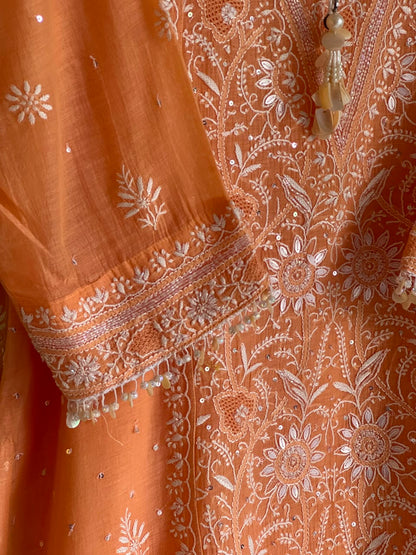 Orange Salmon Malmal Pearl White Chikankari Ready to Wear Kurta Set