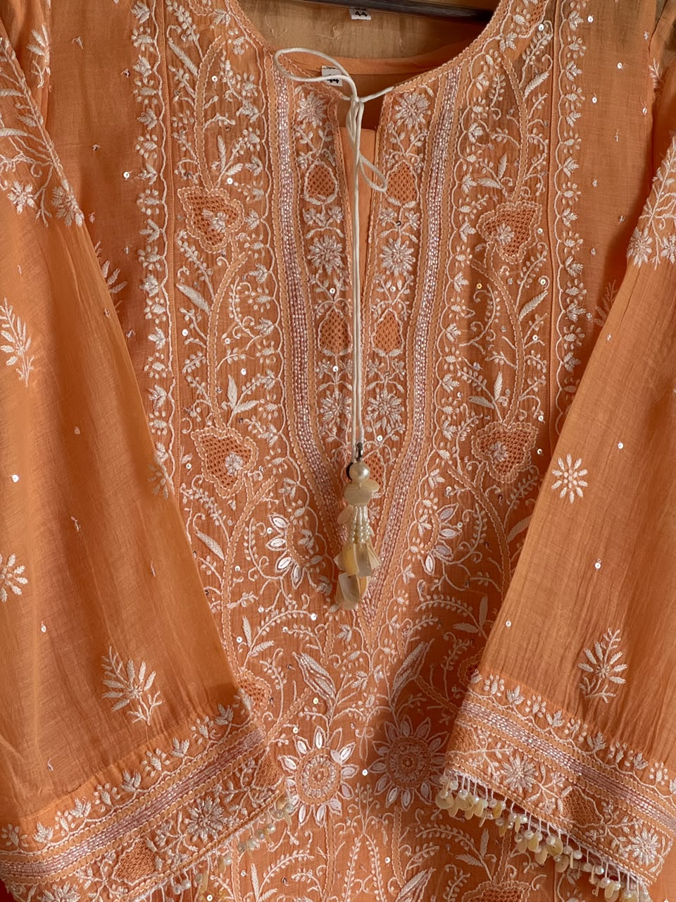 Orange Salmon Malmal Pearl White Chikankari Ready to Wear Kurta Set