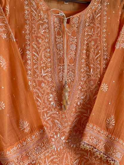 Orange Salmon Malmal Pearl White Chikankari Ready to Wear Kurta Set