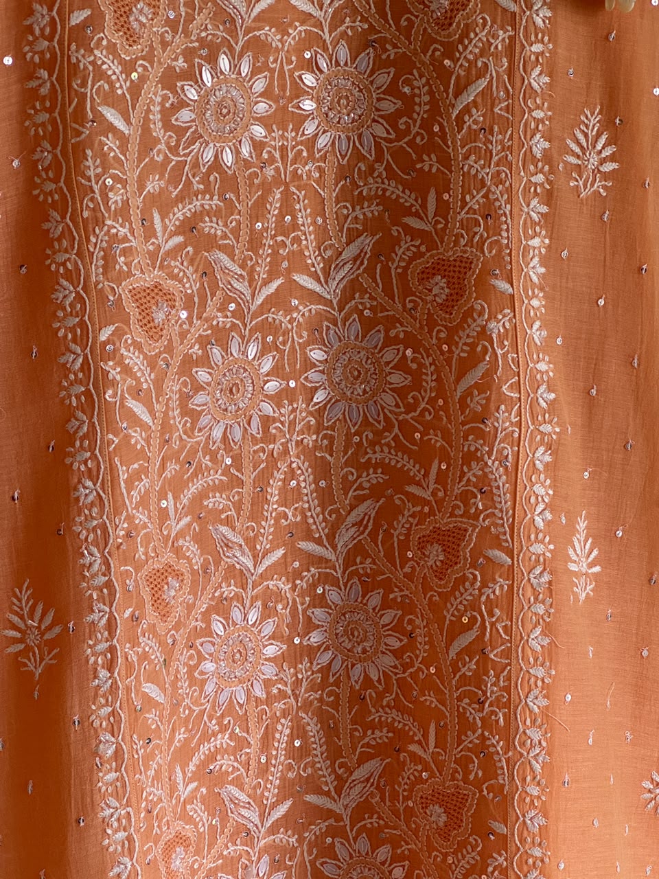 Orange Salmon Malmal Pearl White Chikankari Ready to Wear Kurta Set