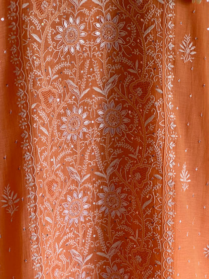 Orange Salmon Malmal Pearl White Chikankari Ready to Wear Kurta Set