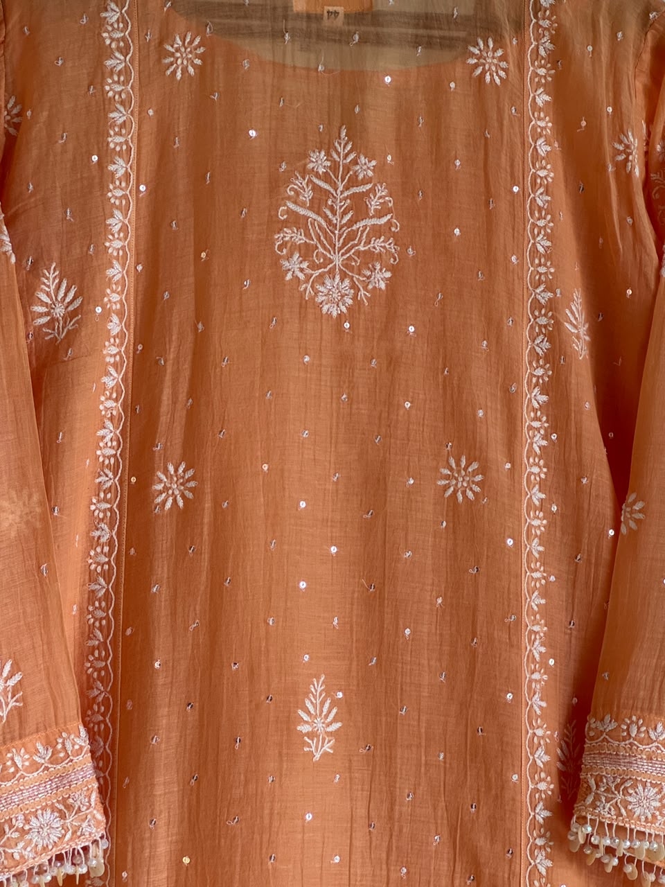 Orange Salmon Malmal Pearl White Chikankari Ready to Wear Kurta Set