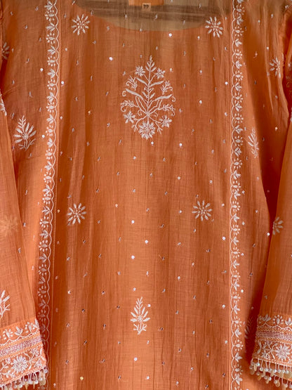 Orange Salmon Malmal Pearl White Chikankari Ready to Wear Kurta Set