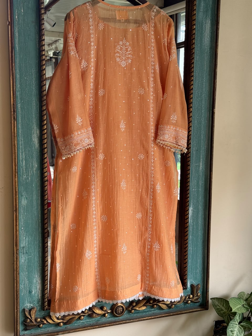 Orange Salmon Malmal Pearl White Chikankari Ready to Wear Kurta Set