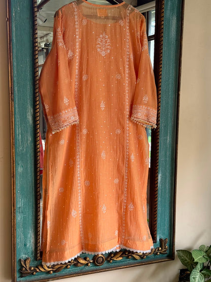 Orange Salmon Malmal Pearl White Chikankari Ready to Wear Kurta Set