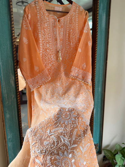 Orange Salmon Malmal Pearl White Chikankari Ready to Wear Kurta Set