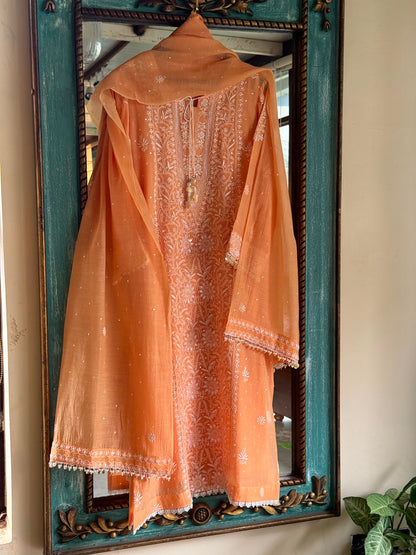 Orange Salmon Malmal Pearl White Chikankari Ready to Wear Kurta Set