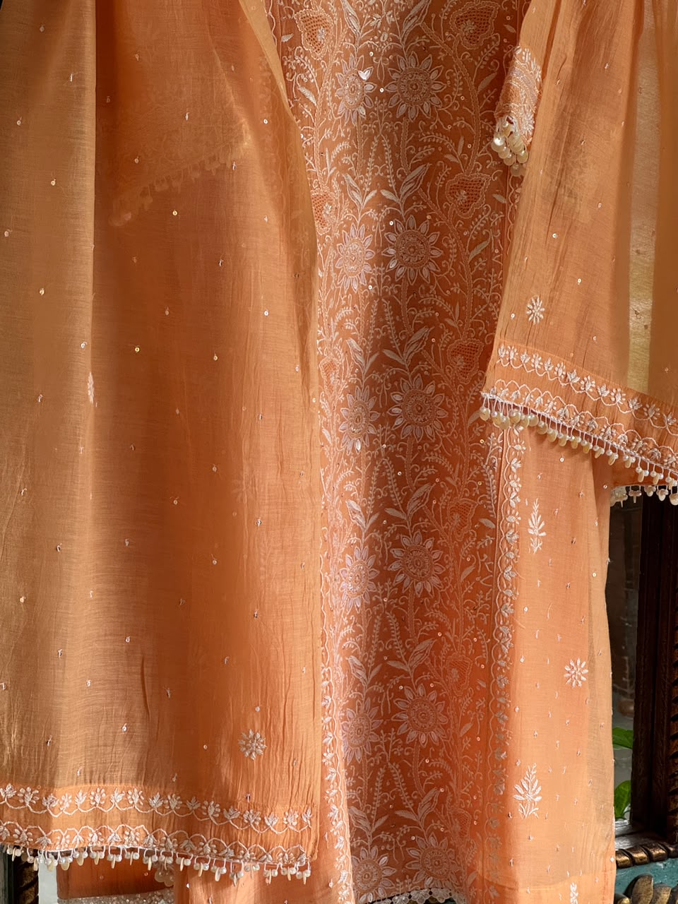 Orange Salmon Malmal Pearl White Chikankari Ready to Wear Kurta Set