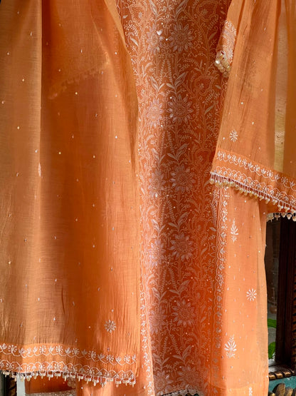 Orange Salmon Malmal Pearl White Chikankari Ready to Wear Kurta Set