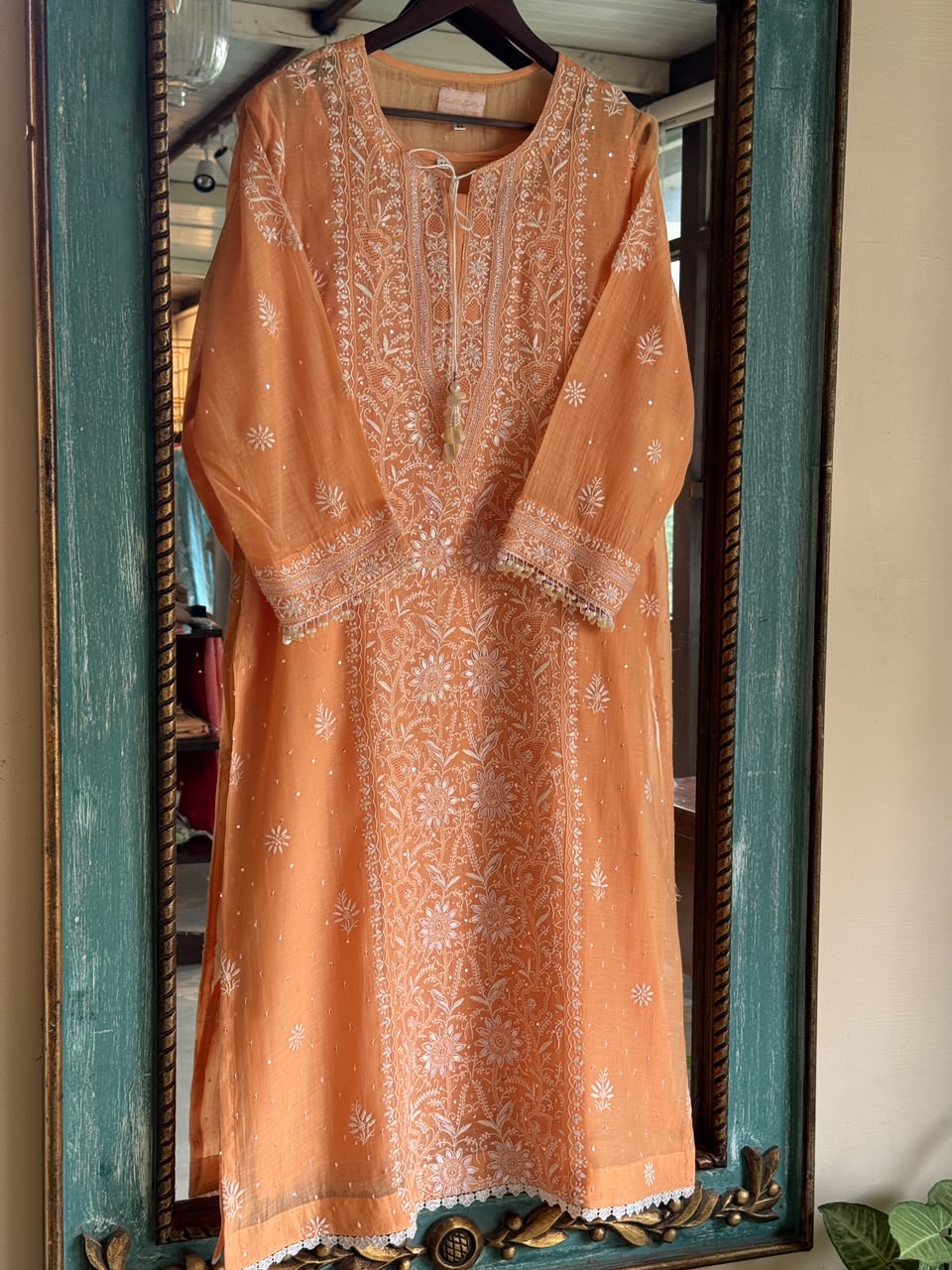 Orange Salmon Malmal Pearl White Chikankari Ready to Wear Kurta Set
