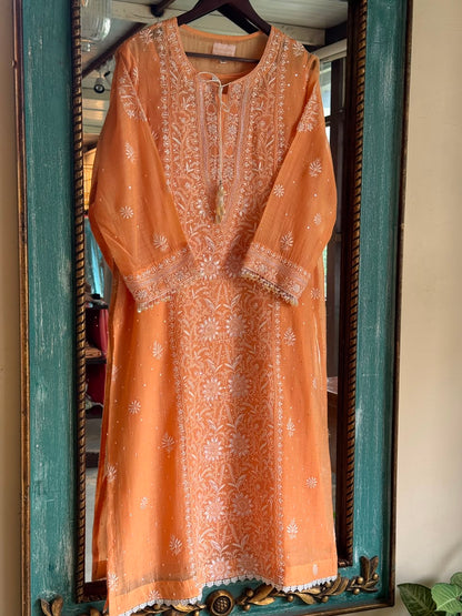 Orange Salmon Malmal Pearl White Chikankari Ready to Wear Kurta Set