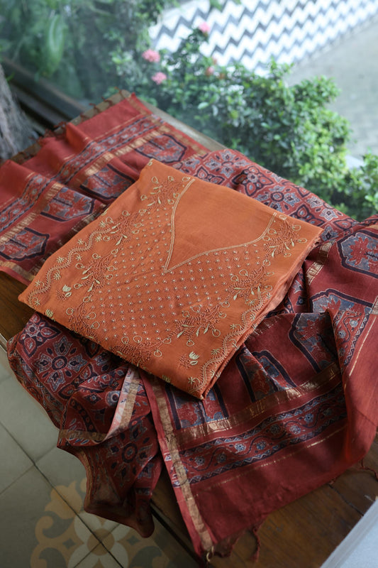 Orange Salmon Mul Chanderi Silk Kalamkari Unstitched Kurta Dupatta Set