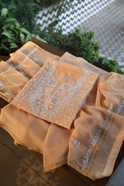 Orange Salmon Shade Chanderi Silk Mukaish Badla Unstitched Fabric