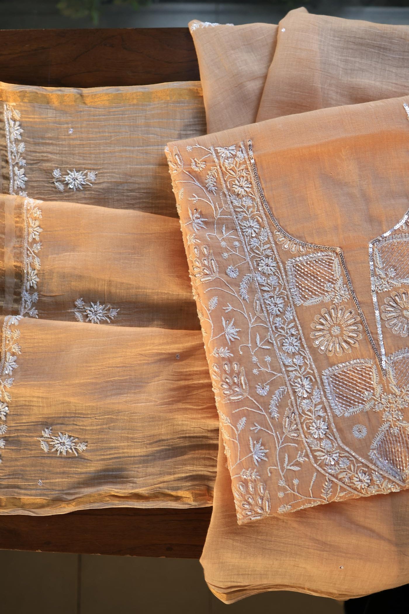 Orange Salmon Shade Chanderi Silk Mukaish Badla Unstitched Fabric