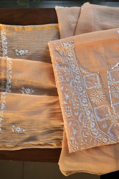 Orange Salmon Shade Chanderi Silk Mukaish Badla Unstitched Fabric