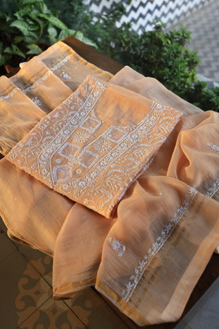 Orange Salmon Shade Chanderi Silk Mukaish Badla Unstitched Fabric