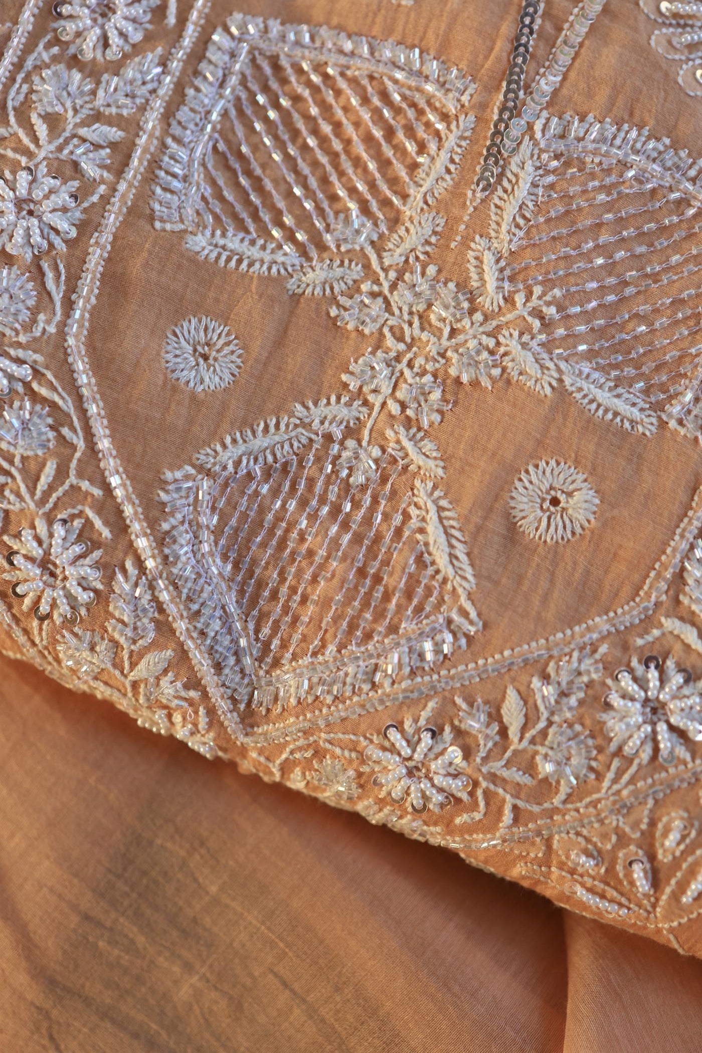 Orange Salmon Shade Chanderi Silk Mukaish Badla Unstitched Fabric