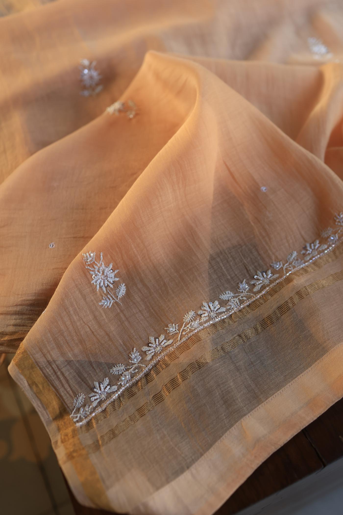 Orange Salmon Shade Chanderi Silk Mukaish Badla Unstitched Fabric