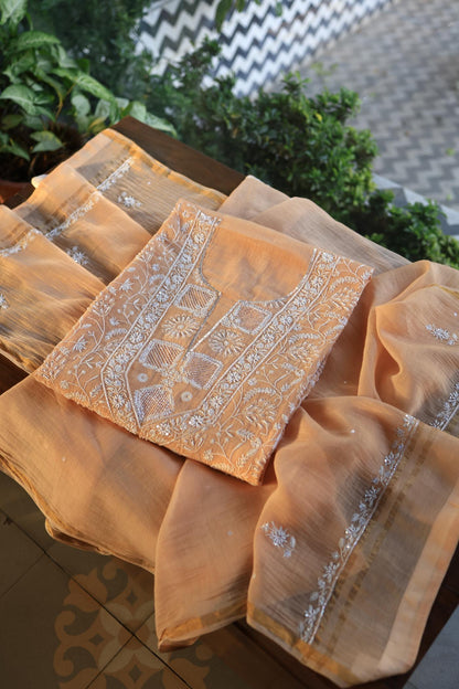 Orange Salmon Shade Chanderi Silk Mukaish Badla Unstitched Fabric