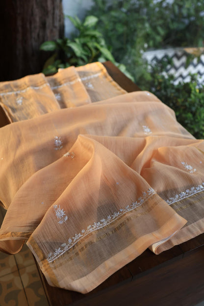 Orange Salmon Shade Chanderi Silk Mukaish Badla Unstitched Fabric