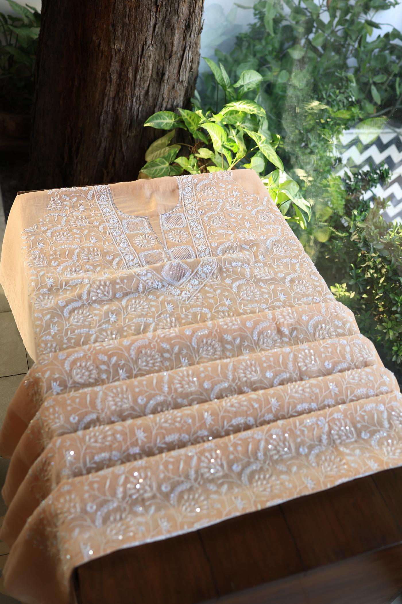 Orange Salmon Shade Chanderi Silk Mukaish Badla Unstitched Fabric