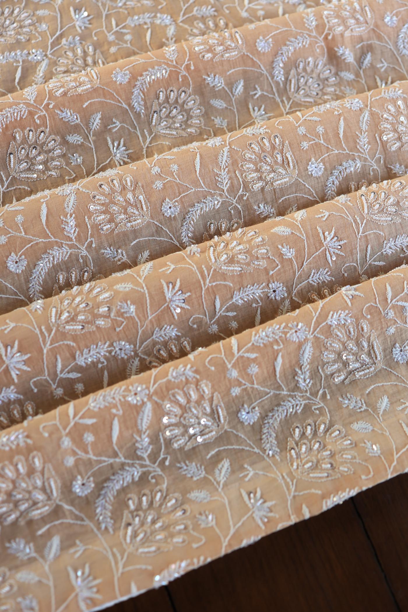Orange Salmon Shade Chanderi Silk Mukaish Badla Unstitched Fabric