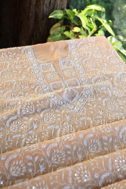 Orange Salmon Shade Chanderi Silk Mukaish Badla Unstitched Fabric