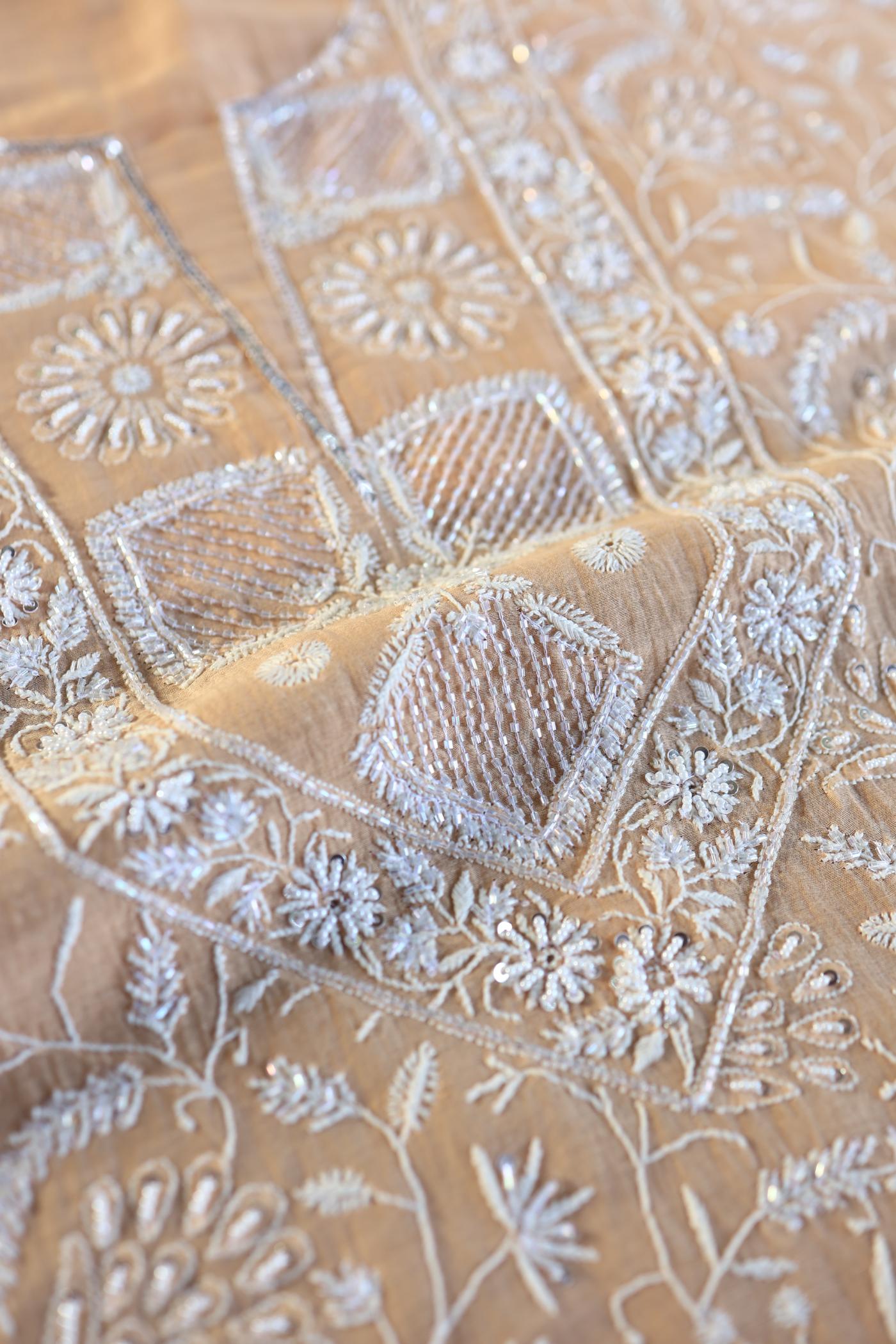 Orange Salmon Shade Chanderi Silk Mukaish Badla Unstitched Fabric