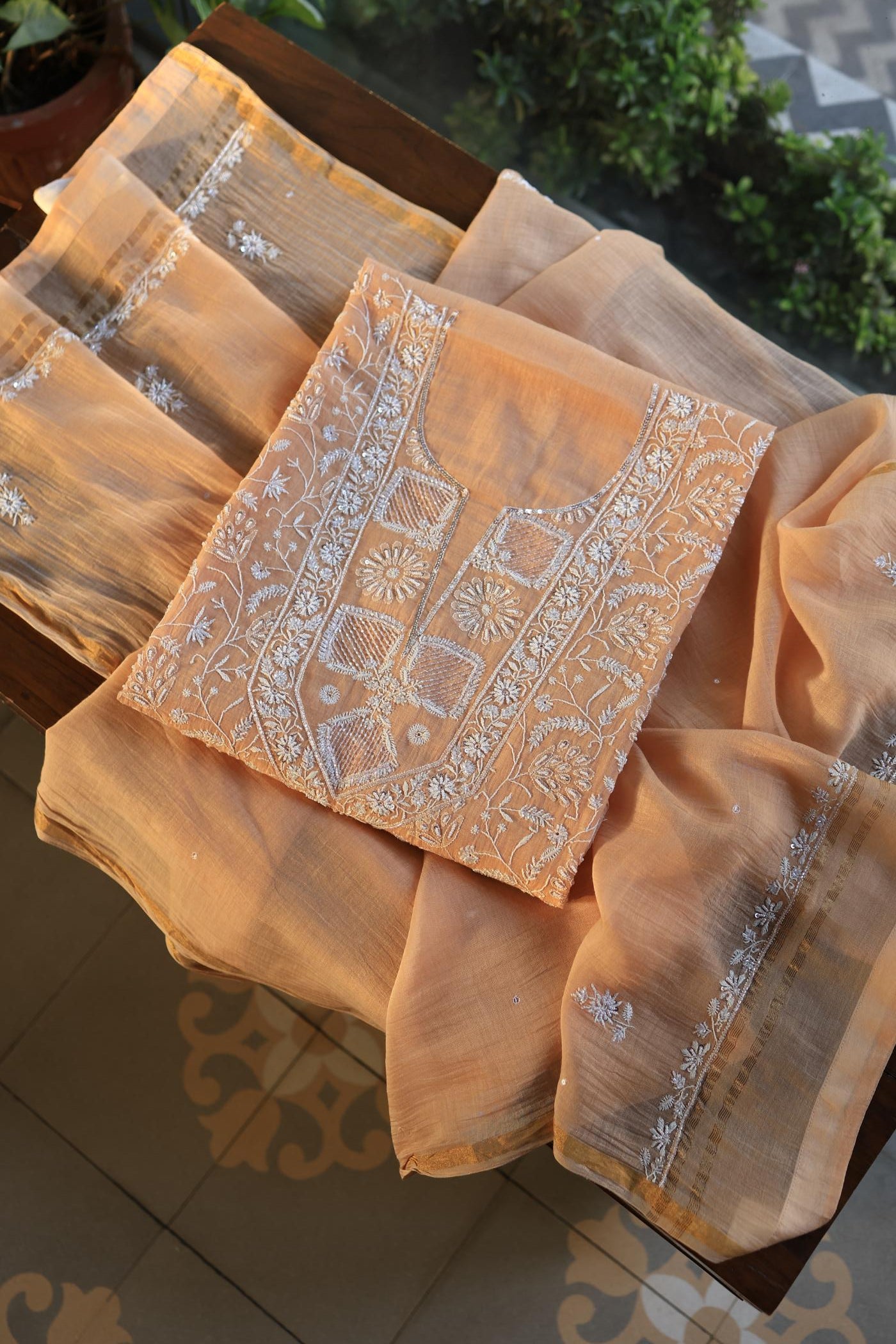 Orange Salmon Shade Chanderi Silk Mukaish Badla Unstitched Fabric